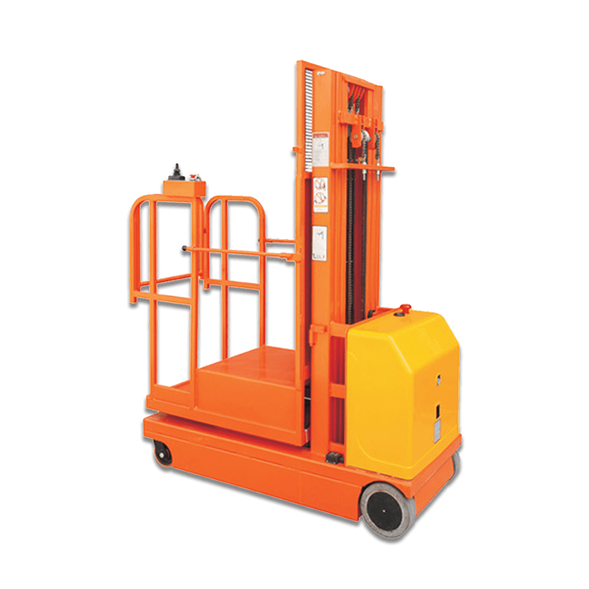 How do electric order pickers prevent tipping or instability when handling heavy objects?